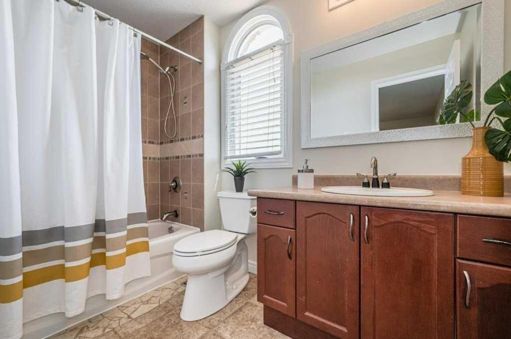 a bathroom with a toilet and a sink and a mirror at Quiet Room 2 in kitchener in Kitchener