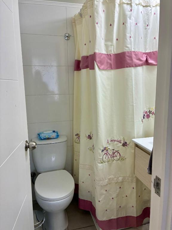 a bathroom with a toilet and a shower curtain at Marina del Sol Executive Apartment in Talcahuano