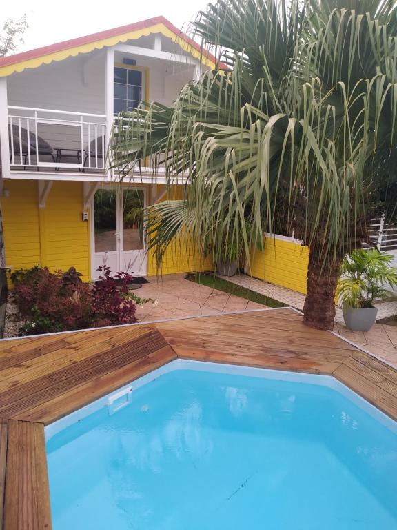 a pool in front of a house with a palm tree at Villa LA SUZANNA in Pointe-Noire