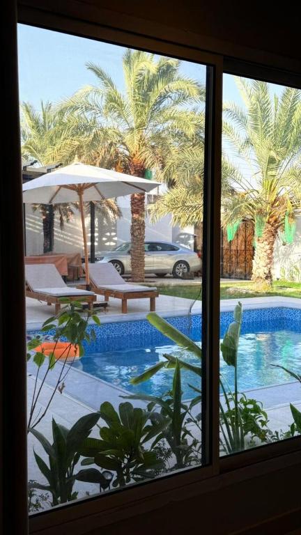 a view of a swimming pool from a window at شاليهات دبليو العمارية in Al ‘Ammārīyah