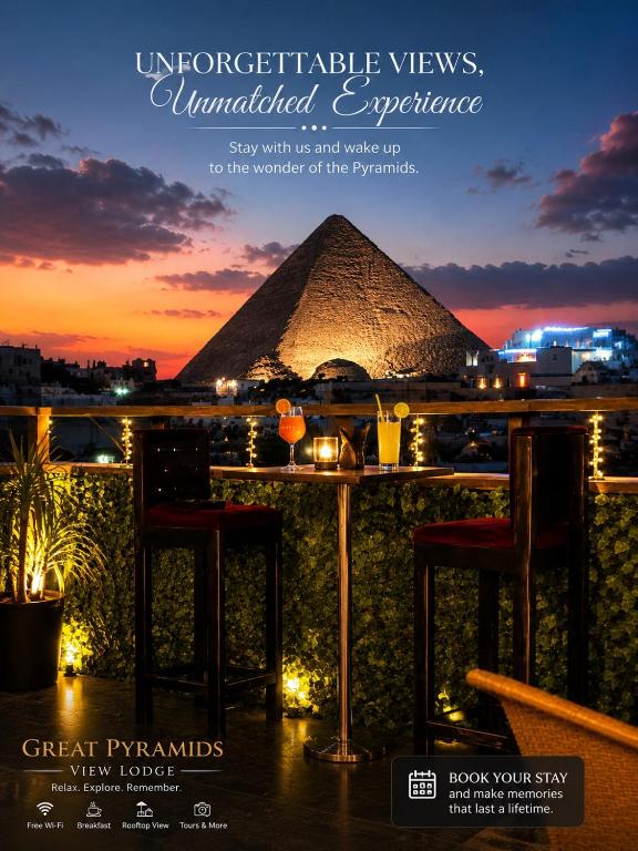 a poster for a hotel with a view of the pyramid at GREAT PYRAMIDS View lodge in Cairo
