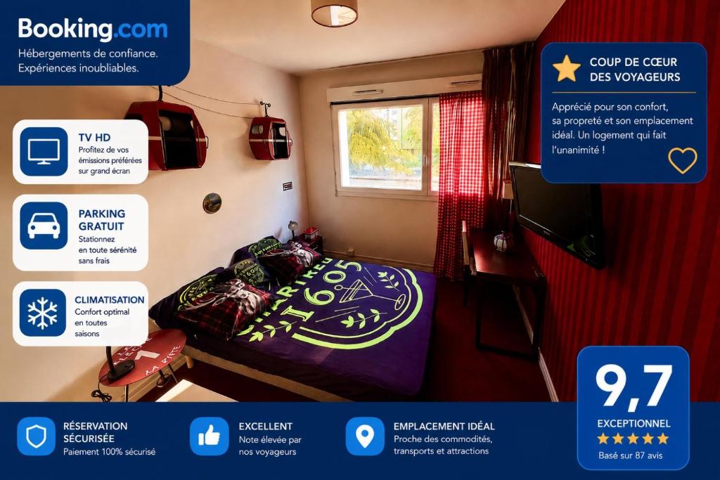 a poster of a bedroom with a bed and a window at Studio lumineux et climatisé avec parking gratuit - Tramway devant la résidence - appartement 114 in Grenoble