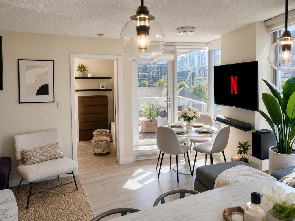 a living room with a table and chairs and a dining room at Walk Everywhere from This Bright 2BR Condo in Vancouver