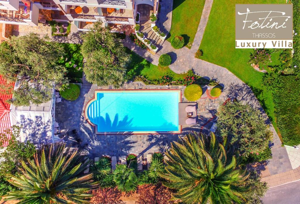 an overhead view of a pool in a yard with palm trees at Luxury Villa Fotini in Limenas