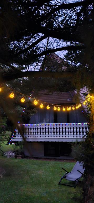 a building with lights on it in a yard at night at A-Frame am Ochsenkopf in Mehlmeisel