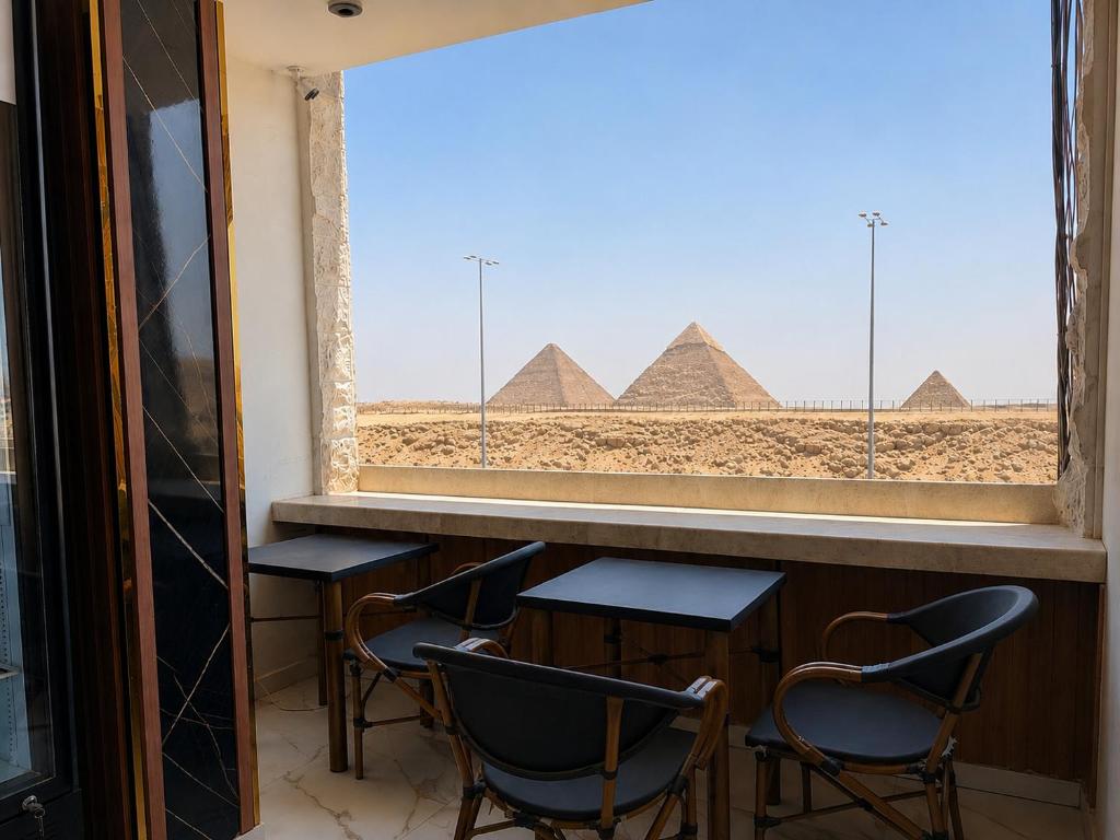 a view of the pyramids from a window in a room at Shiny Pyramids Boutique Hotel in Cairo