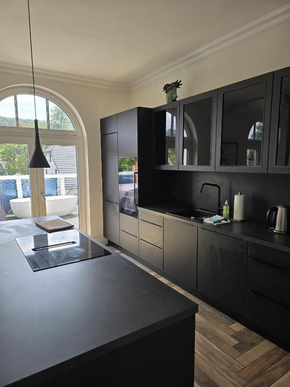 a kitchen with black cabinets and a black counter top at Villa Beckurts in Wernigerode