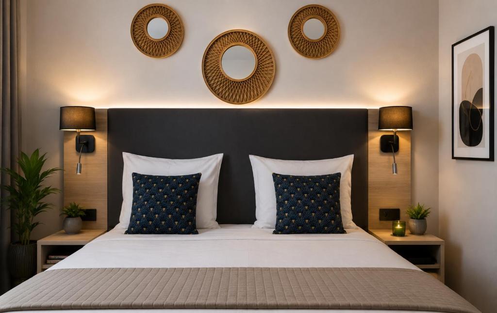 a bedroom with a large bed with pillows and mirrors at Hôtel L'Alsace Gare-Sncf in Narbonne