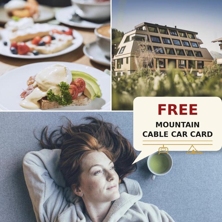 a collage of pictures of a woman with food and a building at DAS GERLOS - Boutique Hotel in Gerlos
