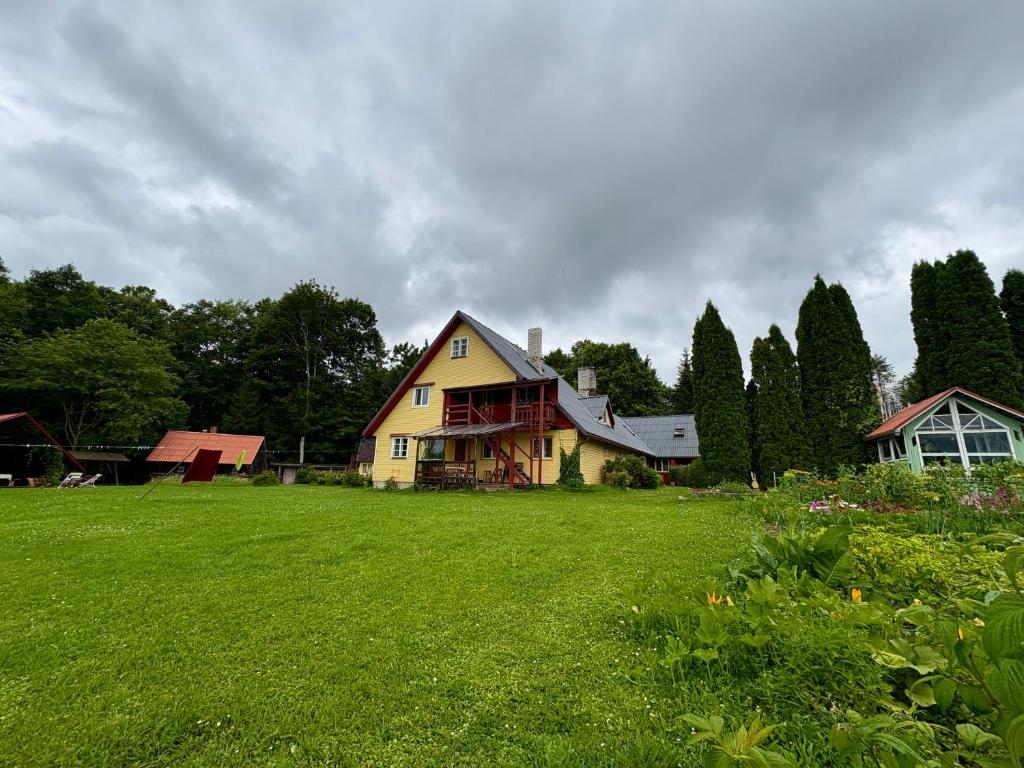 a yellow house on a green field with trees at Rõuge Suurjärve Külalistemaja in Rõuge