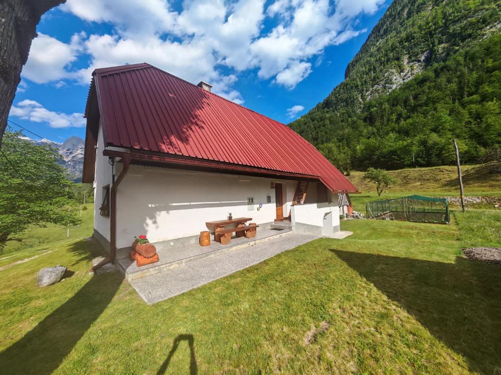 a small white building with a red roof on a grass field at Idina domačija in Trenta
