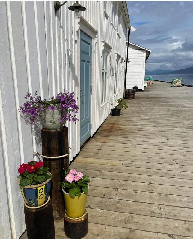 a wooden walkway with flowers in buckets on a building at 2. etg i Dampskipsbrygga, Lødingen havn in Lødingen