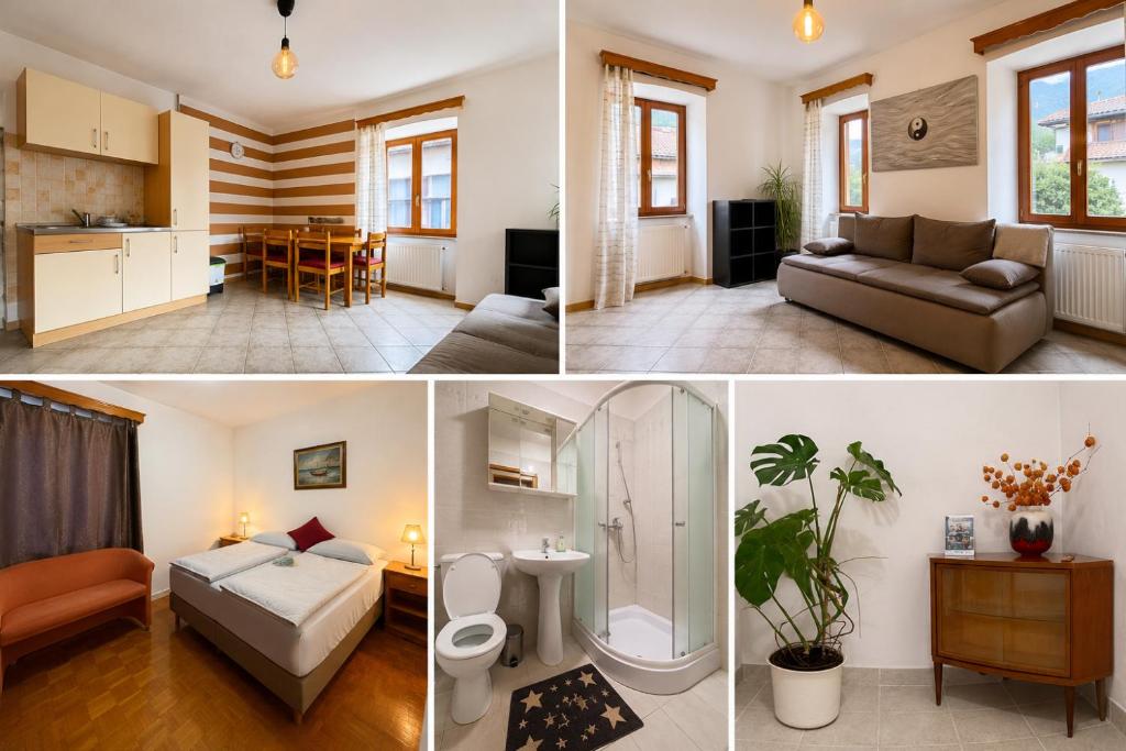 a collage of photos of a living room and a kitchen at Hiša Mila in Bovec