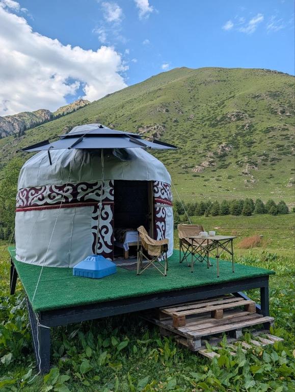 a yurt in a field with a table and chairs at Altyn Sky in Mineralʼnyy Istochnik Altyn-Arasan