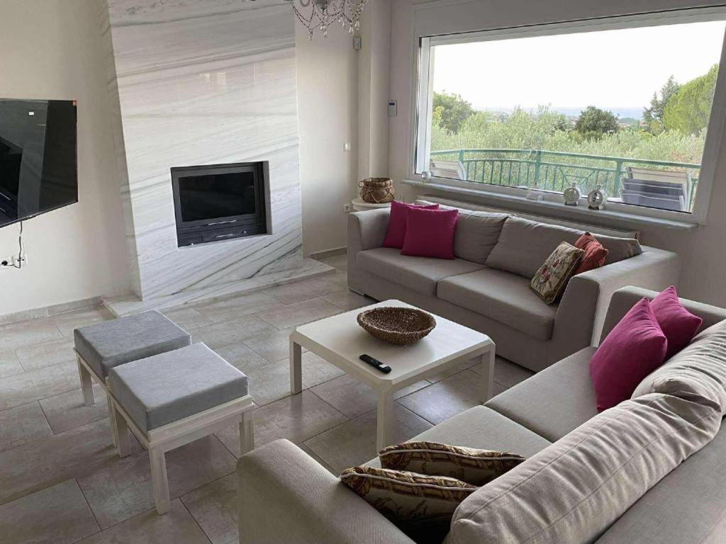 a living room with a couch and a fireplace at Olympus Views II in Leptokarya