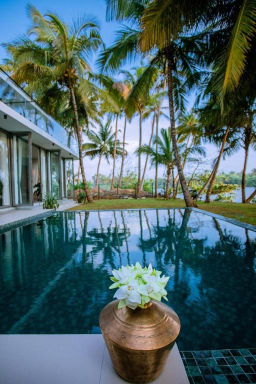 a vase with flowers sitting next to a swimming pool at Infinity Whisper in Kosgoda