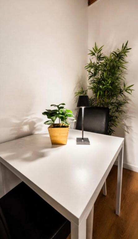 a white table with two potted plants on it at Rousmoosen house in Rocca San Giovanni