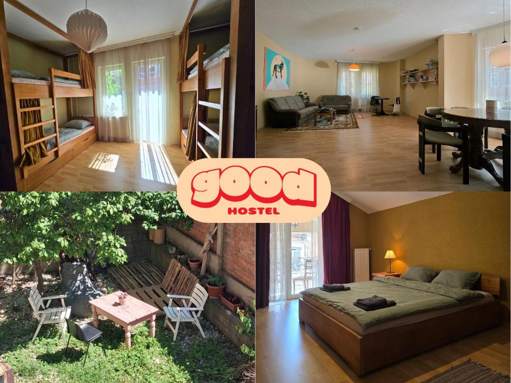 two pictures of a living room and a bedroom at Good Hostel Prishtina in Prishtinë