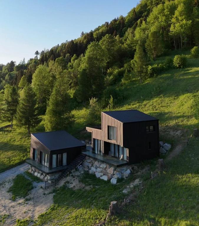 an aerial view of a house on a hill at Aer & Rowa Chalets by Ekow in Statjunea Borsa