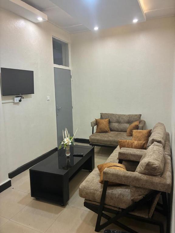 a living room with two couches and a tv at City centre Apartment in Kigali