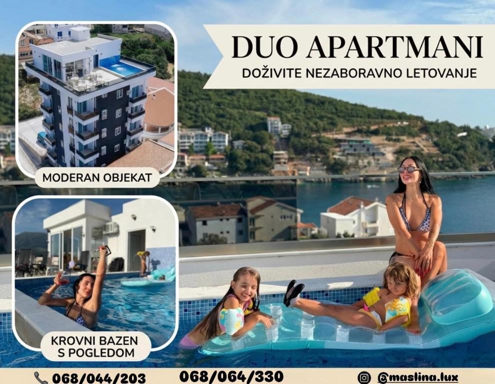 a collage of pictures of a woman and two children in a swimming pool at Duo Apartments in Bar