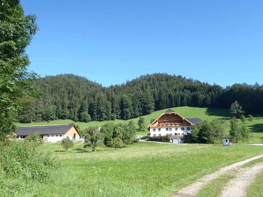 ein Haus mitten auf einem grünen Feld in der Unterkunft Russbachbauer in St. Wolfgang