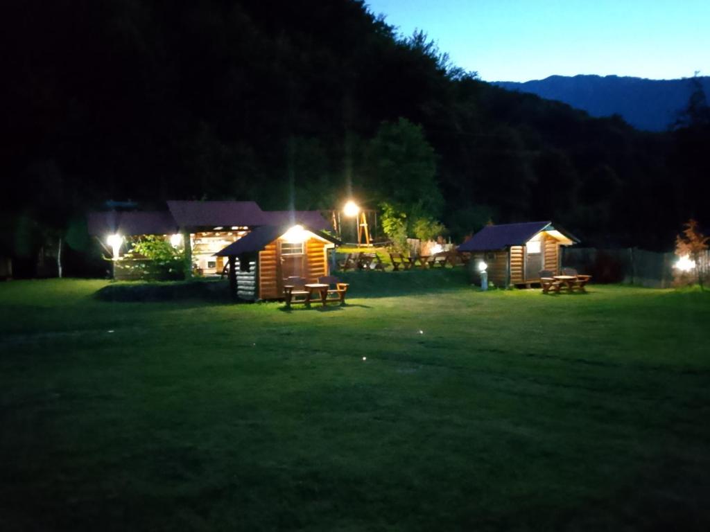 a group of lodges in a field at night at Camping & Apartmens Scepanovic in Mojkovac