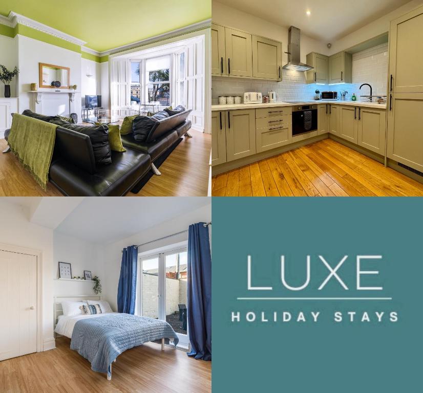 two pictures of a kitchen and a living room at Longsands Beach Apartment 1 Tynemouth Free Onsite Parking in Tynemouth