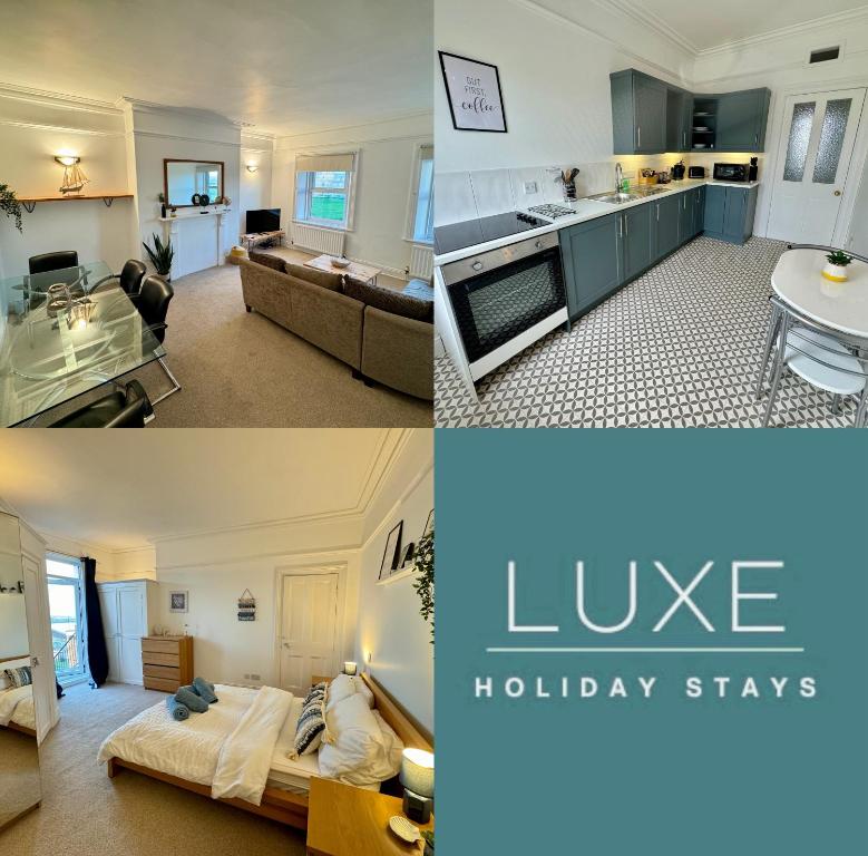 a collage of three pictures of a living room and a kitchen at Longsands Beach, Apartment 4, Tynemouth in Tynemouth