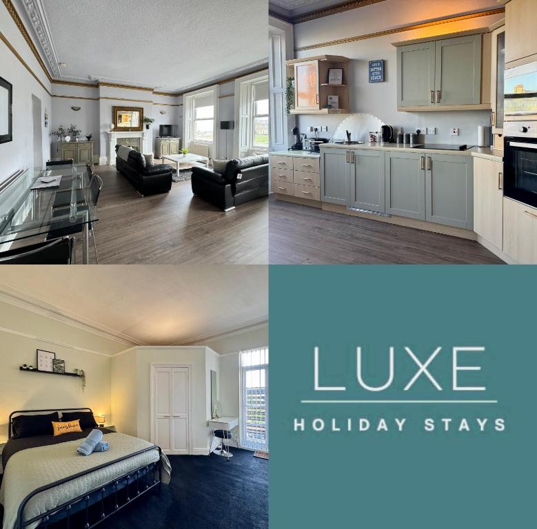 two pictures of a kitchen and a living room at Longsands Beach, Apartment 2, Tynemouth in Tynemouth