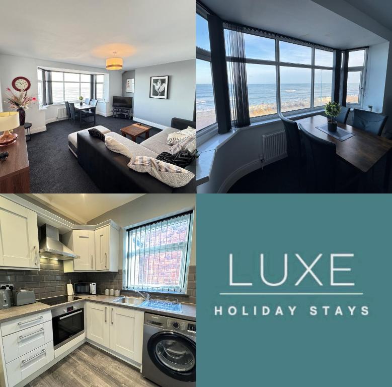 a collage of three pictures of a kitchen and a living room at Seaviews Apartment 2, Whitley Bay Sea Front in Whitley Bay