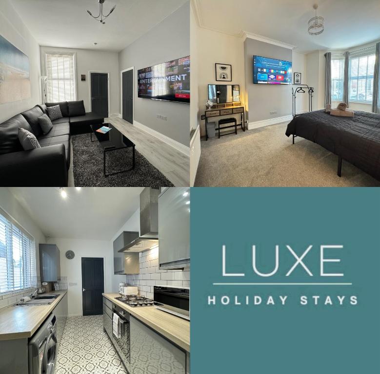 a collage of three pictures of a living room at Park Apartment 1, close to Tynemouth in Tynemouth