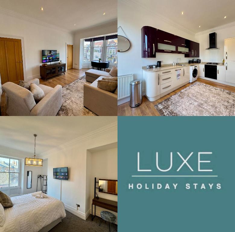 a collage of three pictures of a living room at Allards Apartment, Central Tynemouth in Tynemouth