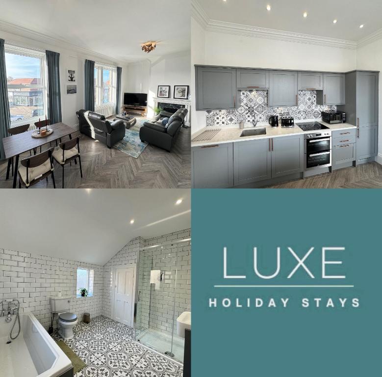 two pictures of a kitchen and a living room at Longsands Apartment, Tynemouth Luxury Coastal Retreat in Tynemouth