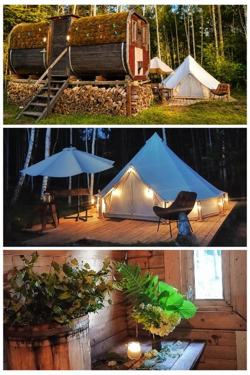two pictures of a tent and a table and a chair at Glempings Pasaka un pirts I tent and sauna in Vecumnieki