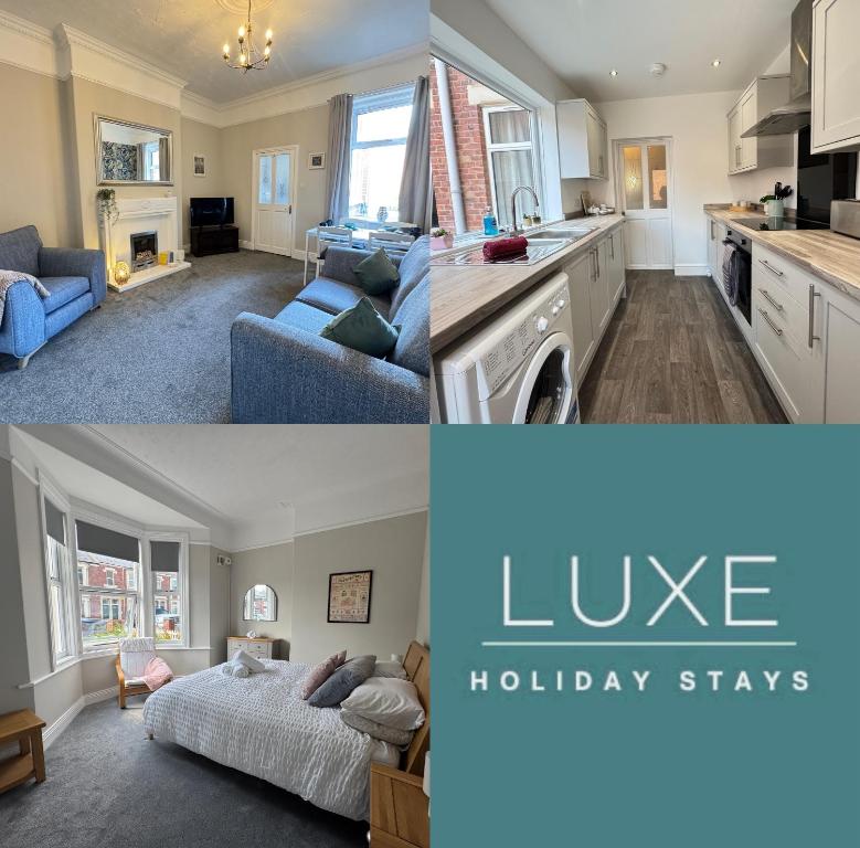 two pictures of a kitchen and a living room at Victoria Cottage, Cullercoats in Cullercoats