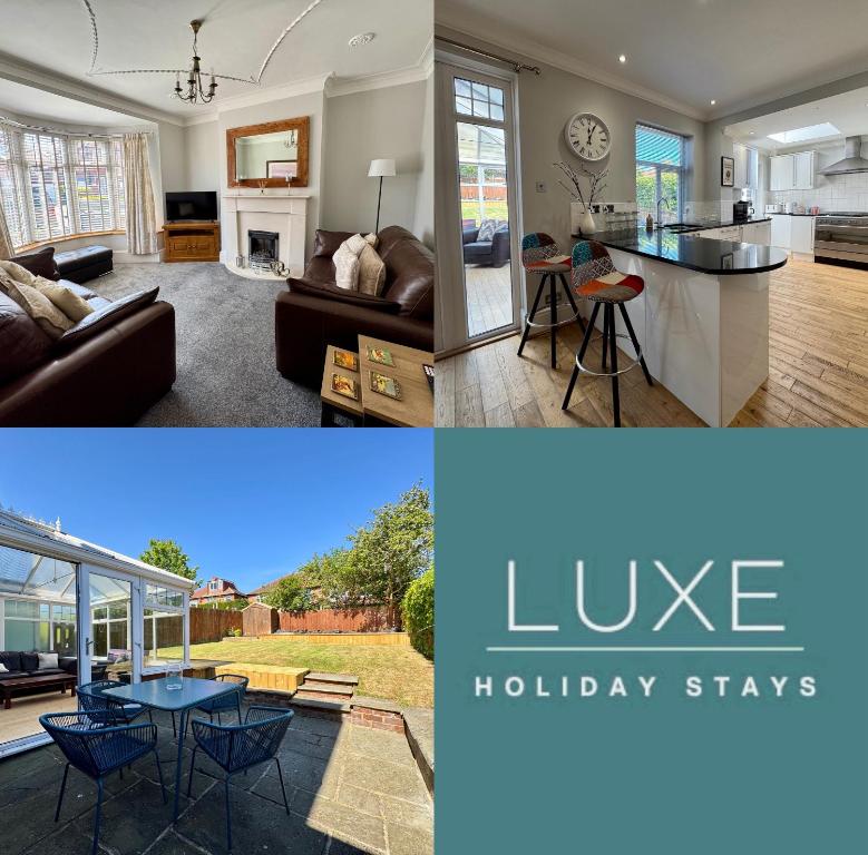 two pictures of a living room and a kitchen at The Whitley Maisonette, Luxury Family Holiday Home in Whitley Bay