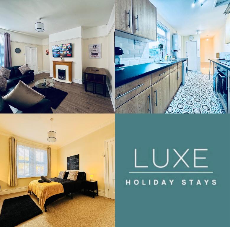 two pictures of a kitchen and a living room at Park Apartment 2, Close to Tynemouth in Tynemouth