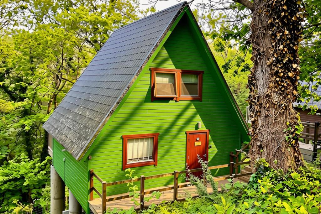 a green house with a gray roof at Oak Tree Lodge - A Romantic Getaway- Finlake Resort & Spa - Devon in Chudleigh