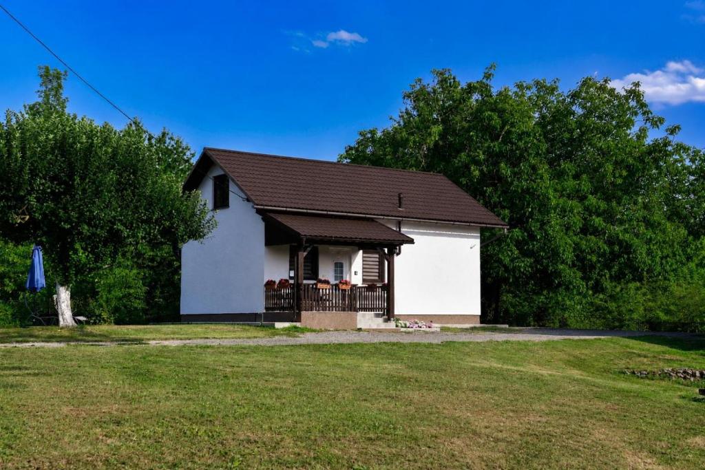 a small white house with a brown roof at Guesthouse Spektar in Irinovac