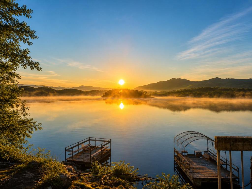 a sunrise on a lake with fog on the water at Old lake house in Nikšić