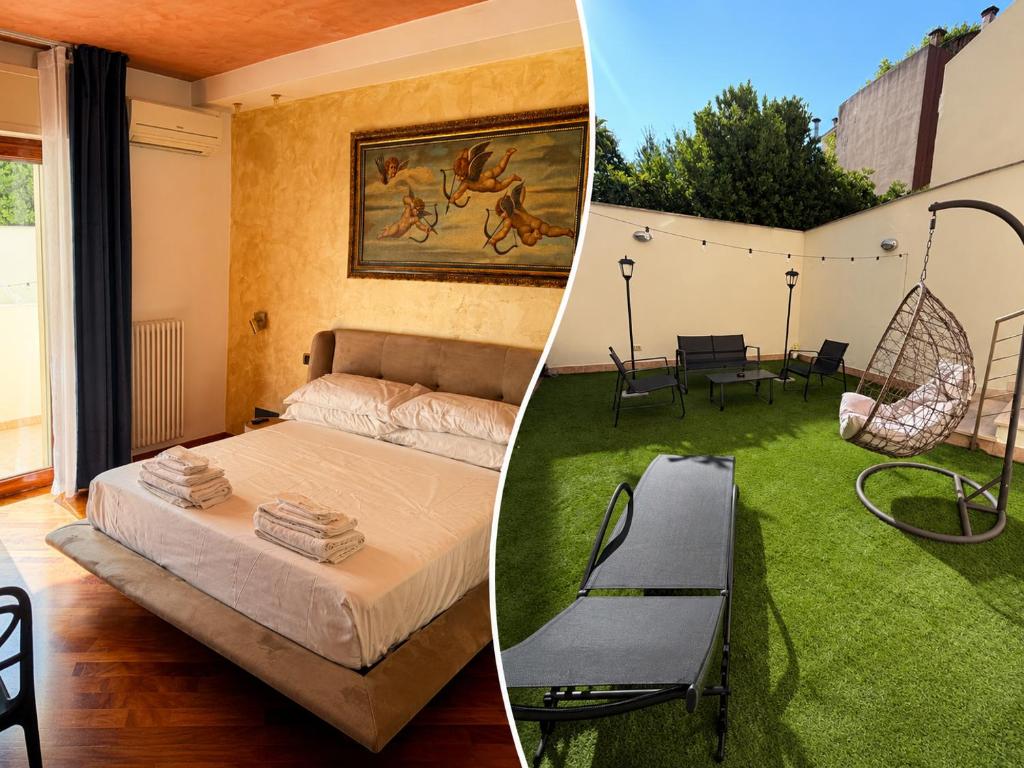 two pictures of a room with a bed and a patio at Del Console Garden Suite - Near Bari Airport & Station in Modugno