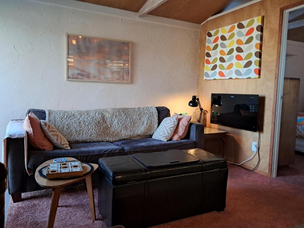 a living room with a couch and a tv at Manukorihi Sweet Guesthouse in Waitara