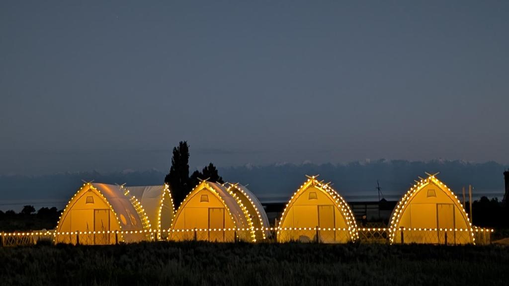 a row of domes with lights in a field at Guest House of Issyk-Kul Camp in Chok-Tal