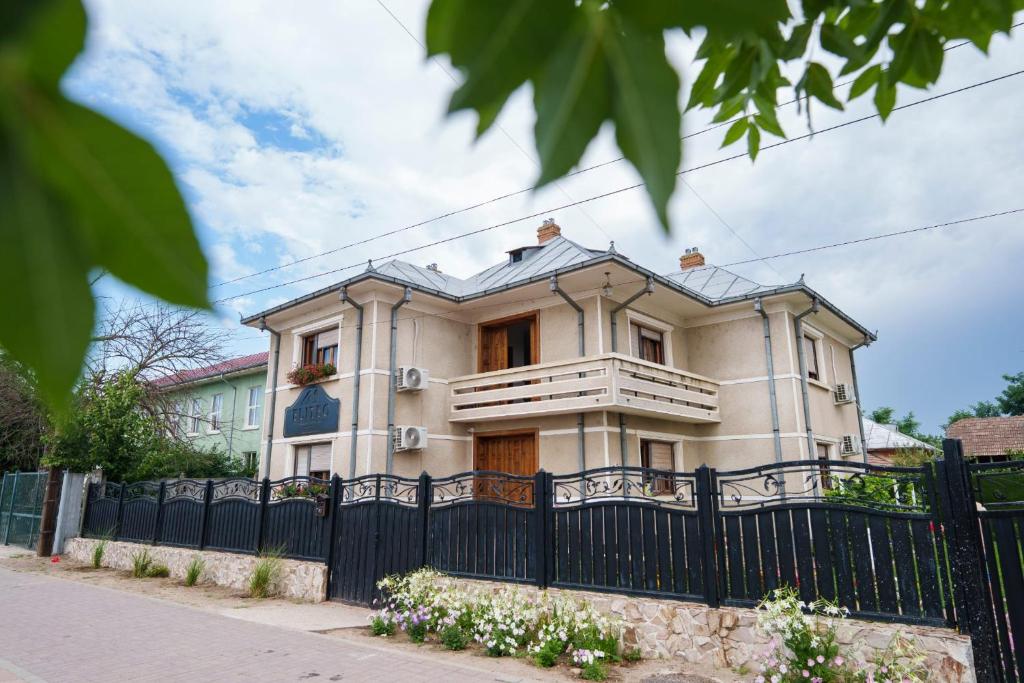 a large white house with a black fence at ELITEO GUESTHOUSE Dabuleni in Dăbuleni
