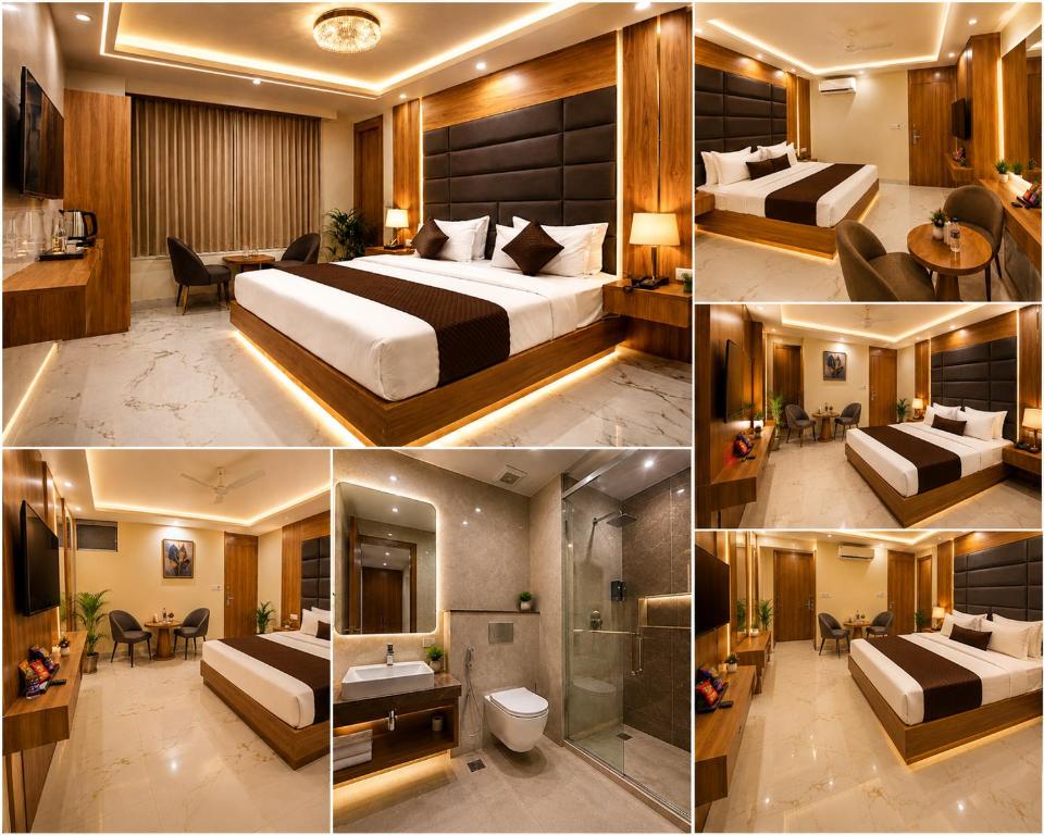 a collage of four pictures of a hotel room at Hotel Luxe Elite IGI Delhi in New Delhi