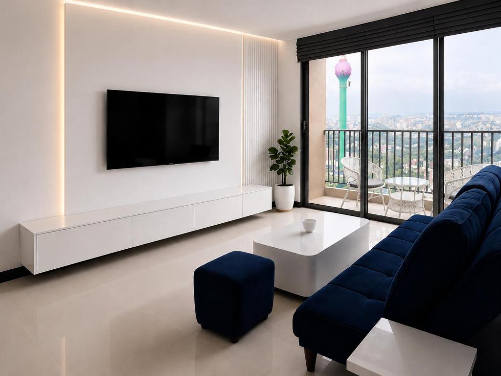 a living room with a tv and a blue couch at La Privé Apartments TRI-ZEN in Colombo