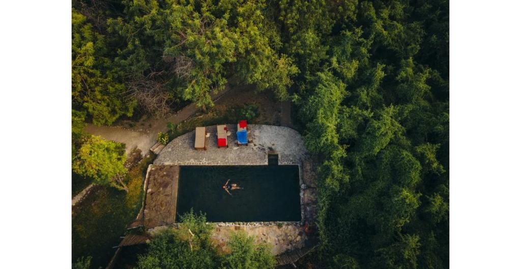 an aerial view of a building in the middle of a forest at Lake Natron Tented Camp in Mtowabaga