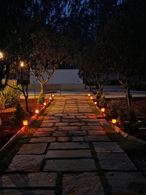 a stone pathway with lights and trees at night at Peony By Dhiya in Jadgenhalli