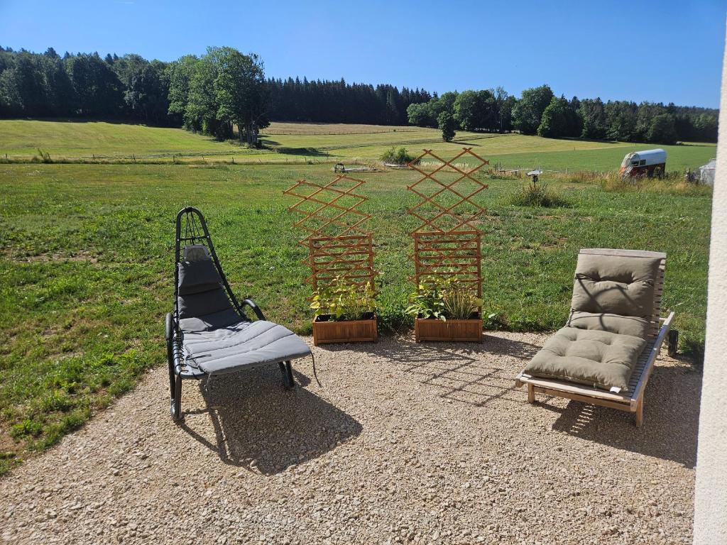 two chairs and a swing in front of a field at Le ptit clos in Les Combes